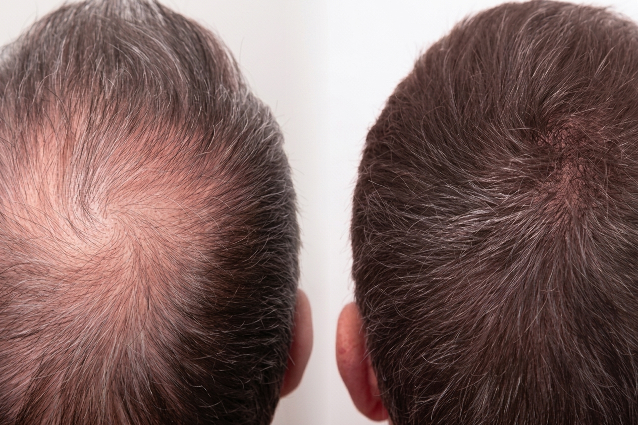 Before and after view of the top of the scalp, showing improved hair density following the treatment
