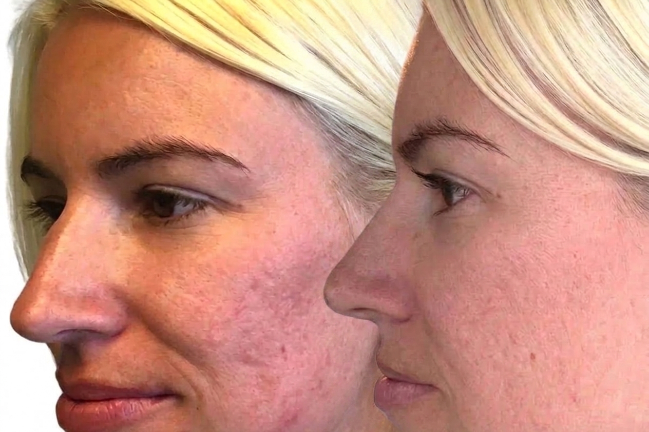 Side profile before and after view of a client showing softer, smoother skin texture following the treatment